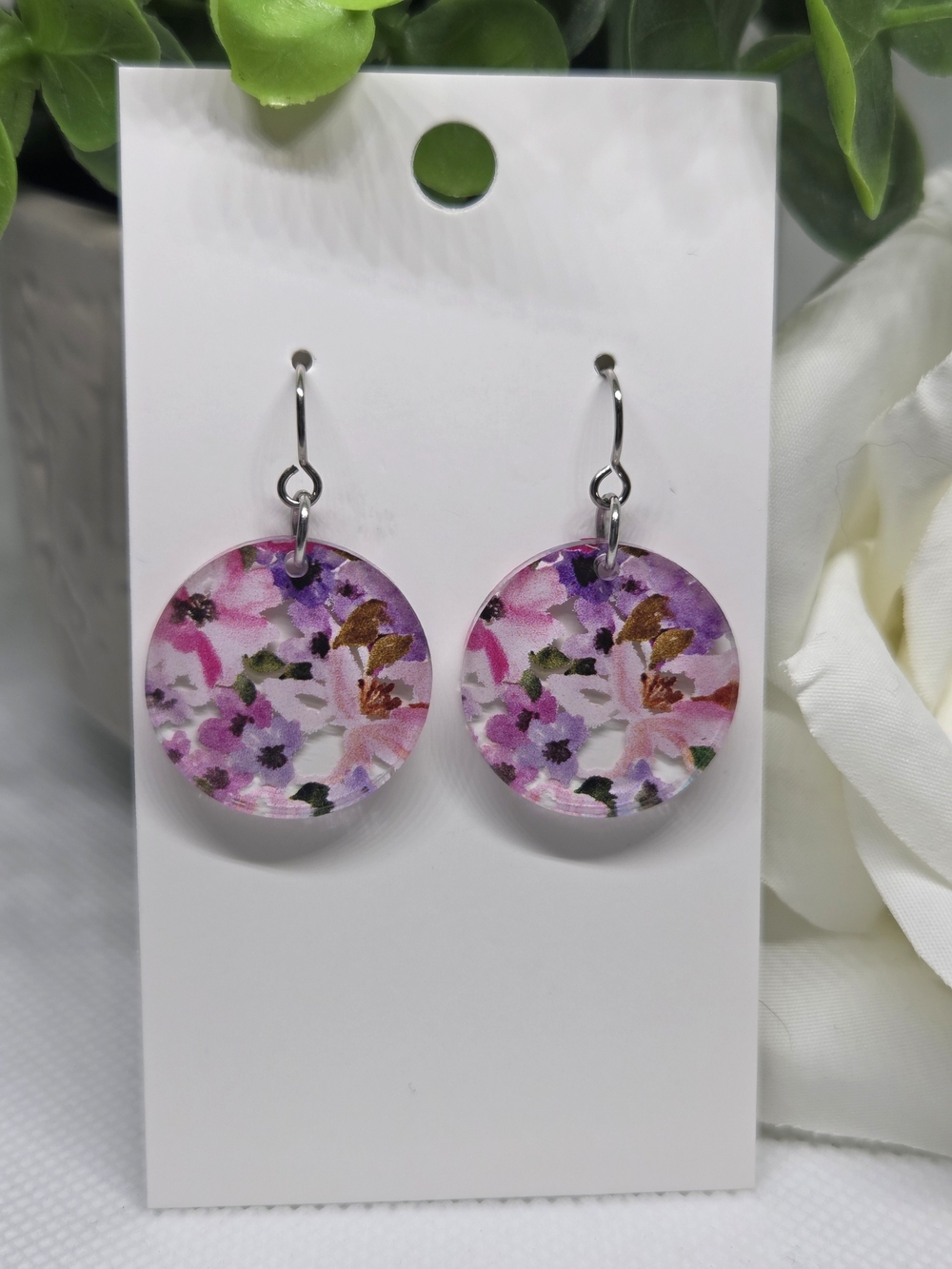 Floral Pink & Purple Round Dangle Earrings